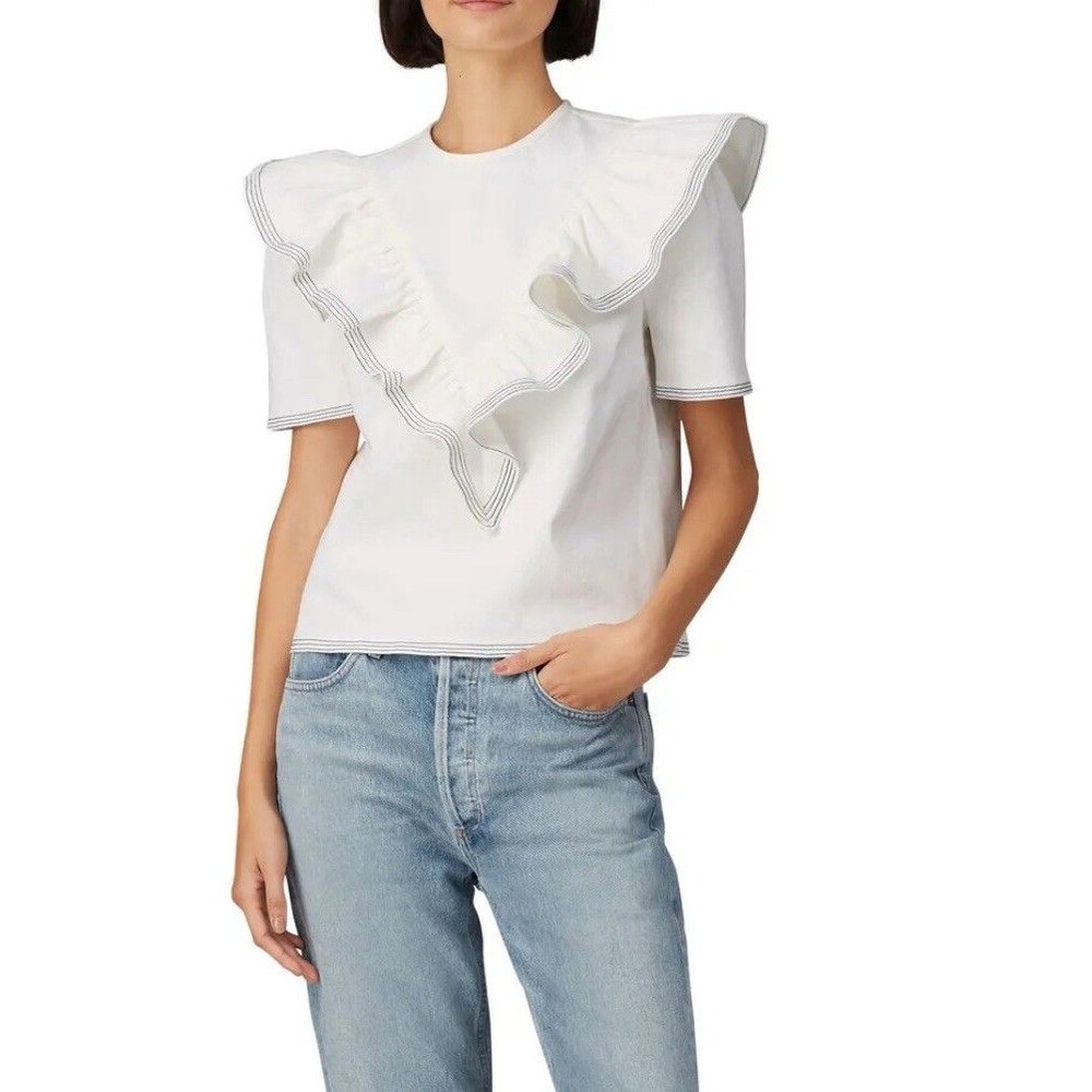 Saylor Anthropologie Harriette Denim Top Size Large Ruffle Boxy Cropped  Size S